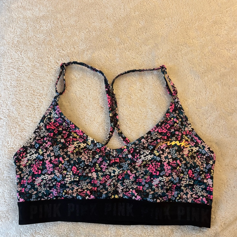PINK Victoria's Secret Black Floral Racerback Bralette with Pink Accents